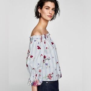 Zara Floral Striped Off Shoulder Puff Mid Sleeve Smocked Button Back Blouse
